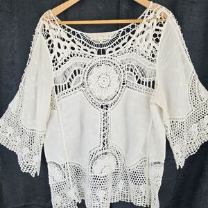 Adiva Whimsical Crochetcore Open Knit Bohemian Festival 3/4 Sleeve Top M